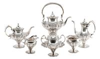 An American Sliver Six-Piece Tea and Coffee Service, Davis & Galt, Philadelphia, PA, Late 19th Century, comprising a water kettle-on-st