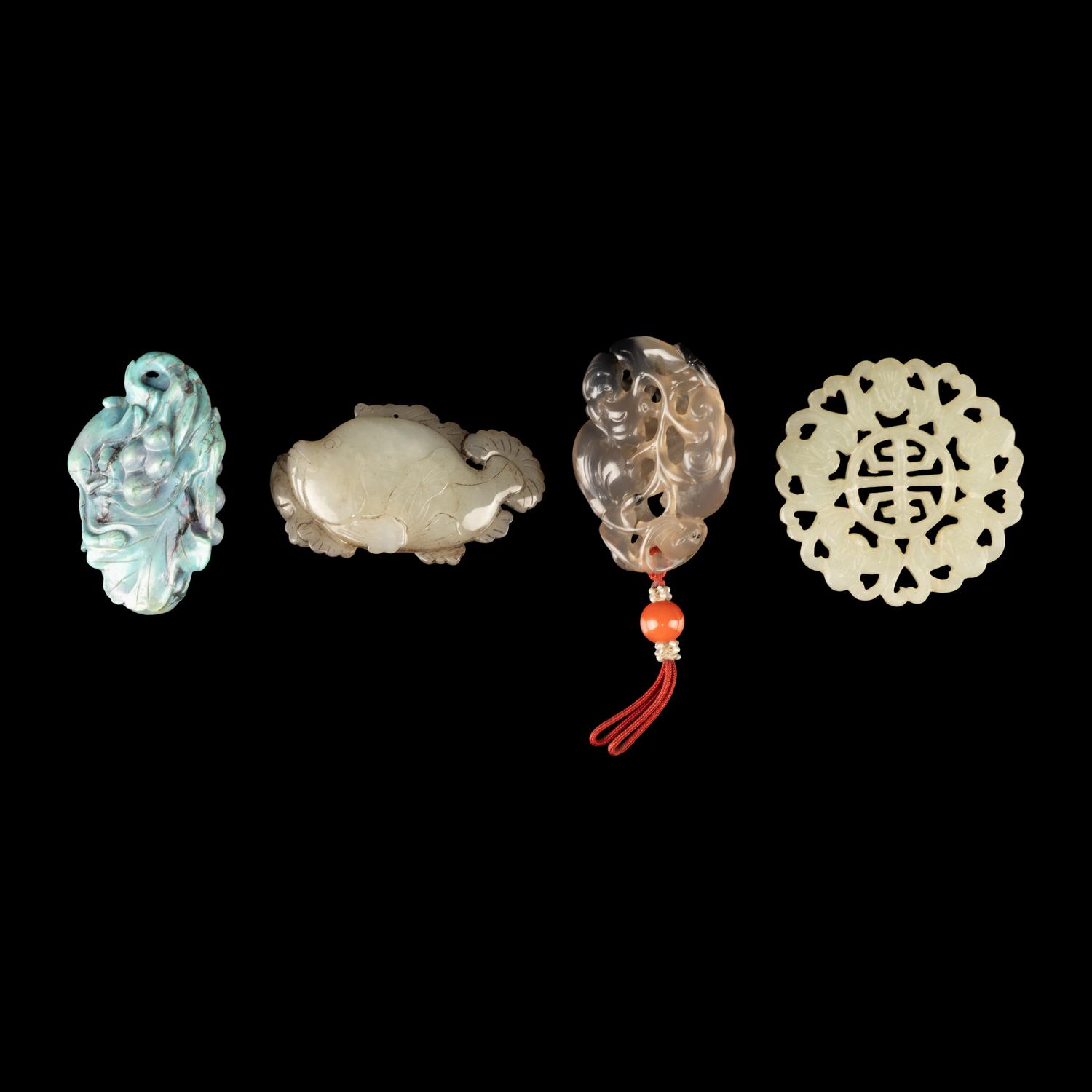 Four Chinese Precious Stone Carvings, 20th Century — 近代 松石、瑪瑙、黃玉把件四枚
