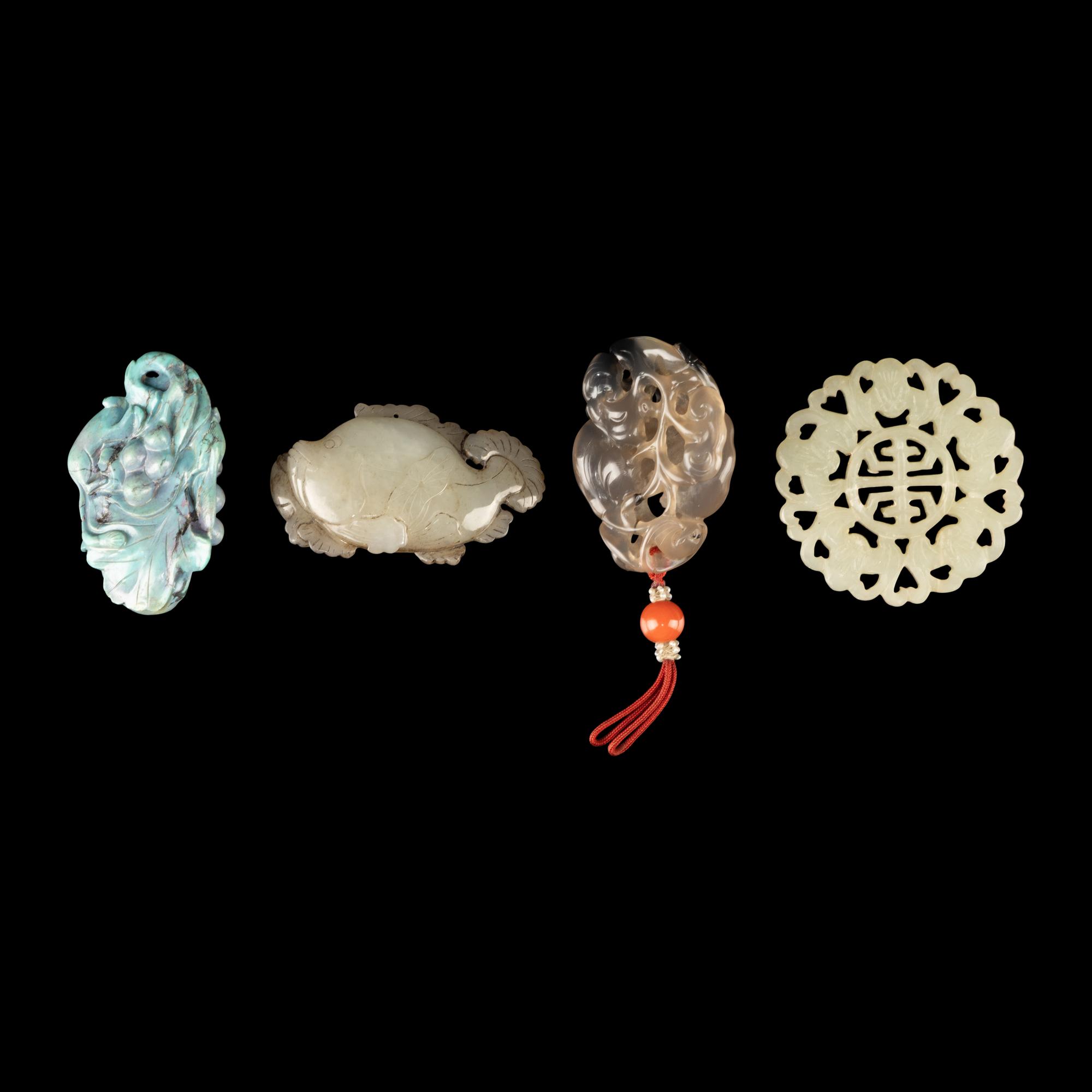 Four Chinese Precious Stone Carvings, 20th Century — 近代 松石、瑪瑙、黃玉把件四枚
