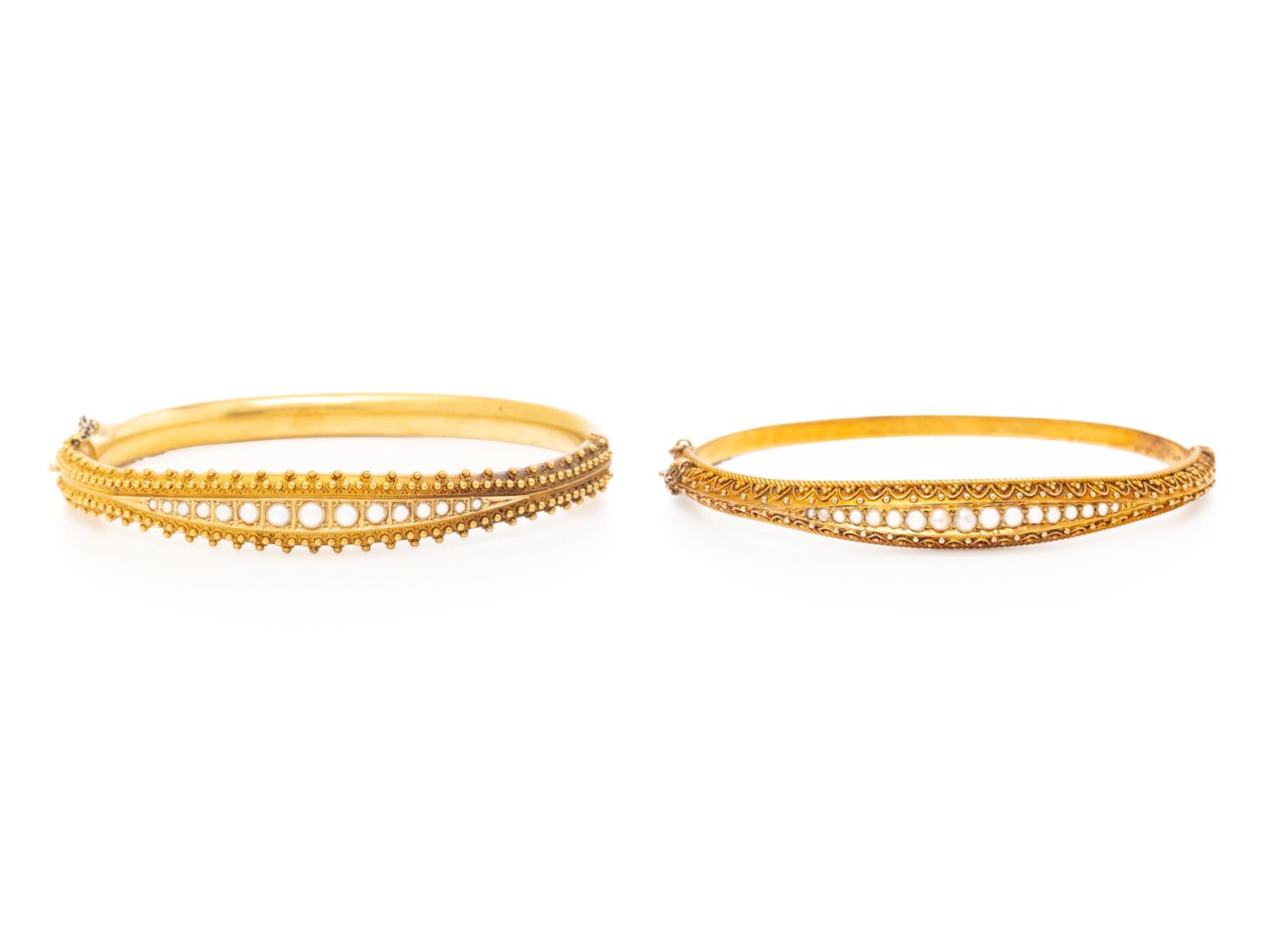 ANTIQUE, TWO YELLOW GOLD AND SEED PEARL BANGLE BRACELETS