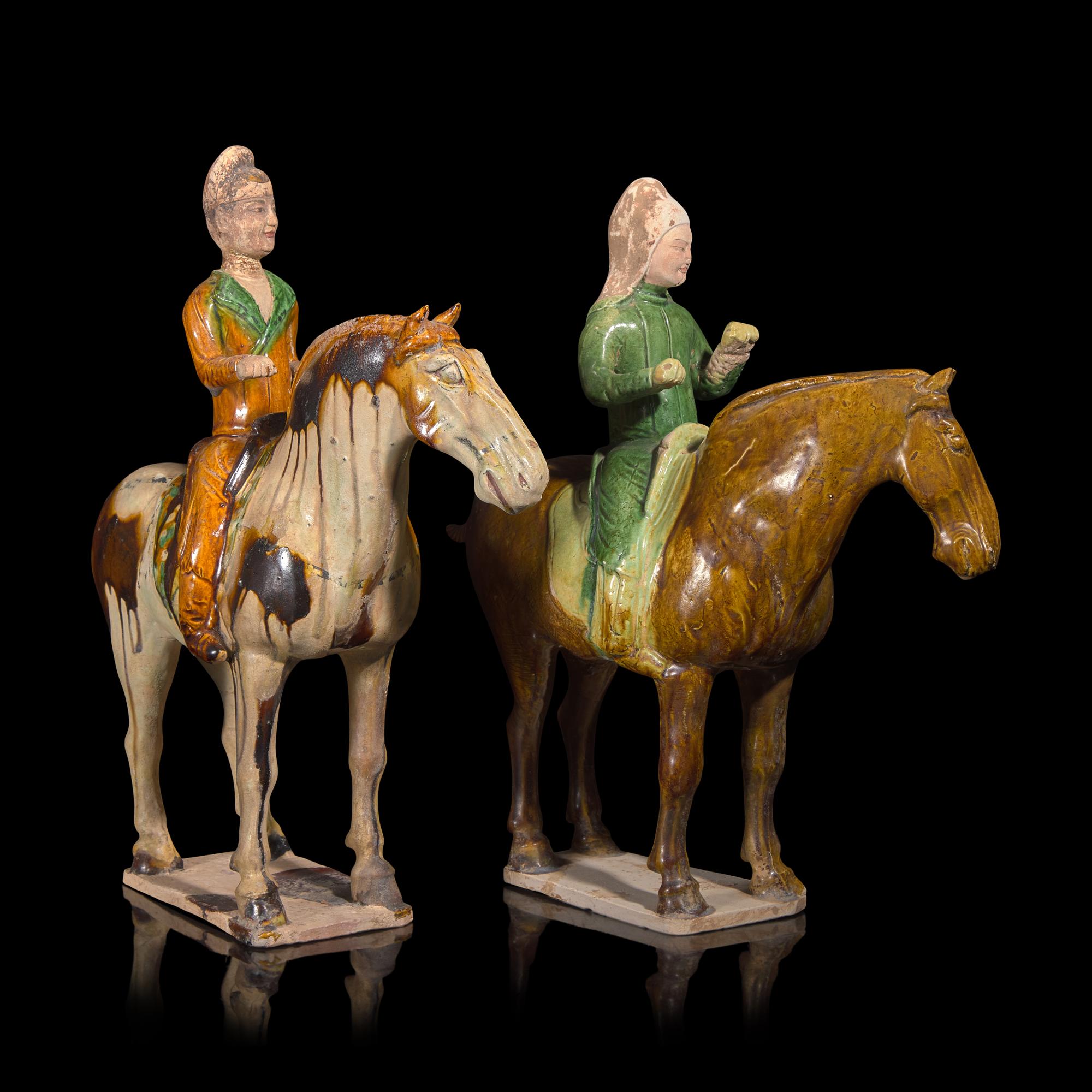 Two Chinese Sancai Glazed Pottery Equestrian Figures, Tang Dynasty — 唐 三彩騎馬俑兩尊