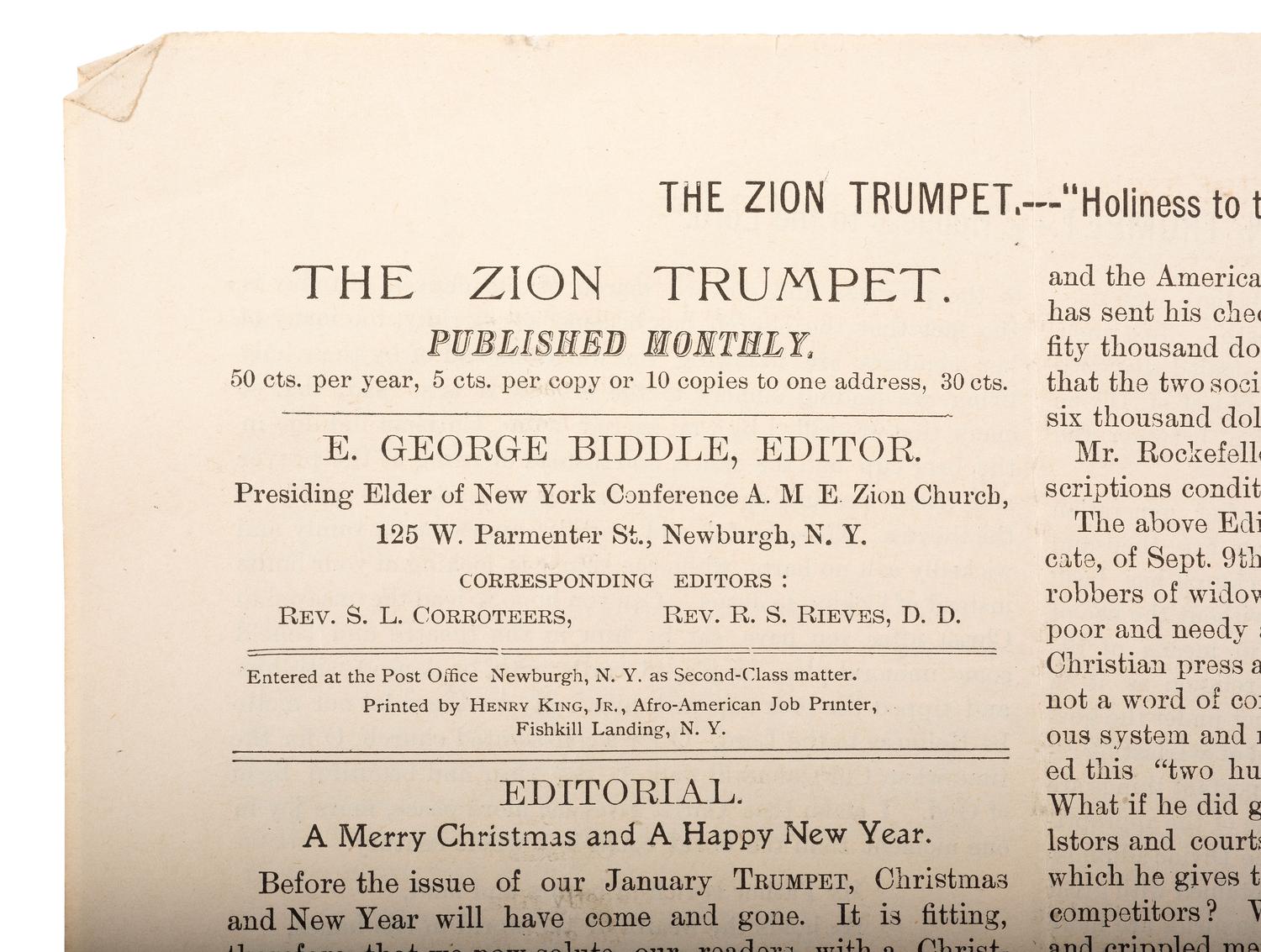 [CIVIL WAR]. Two issues of The Zion Trumpet , published by the Rev. Eli George Biddle (1846-1940), veteran of the 54th Massachusetts Infantry regiment.