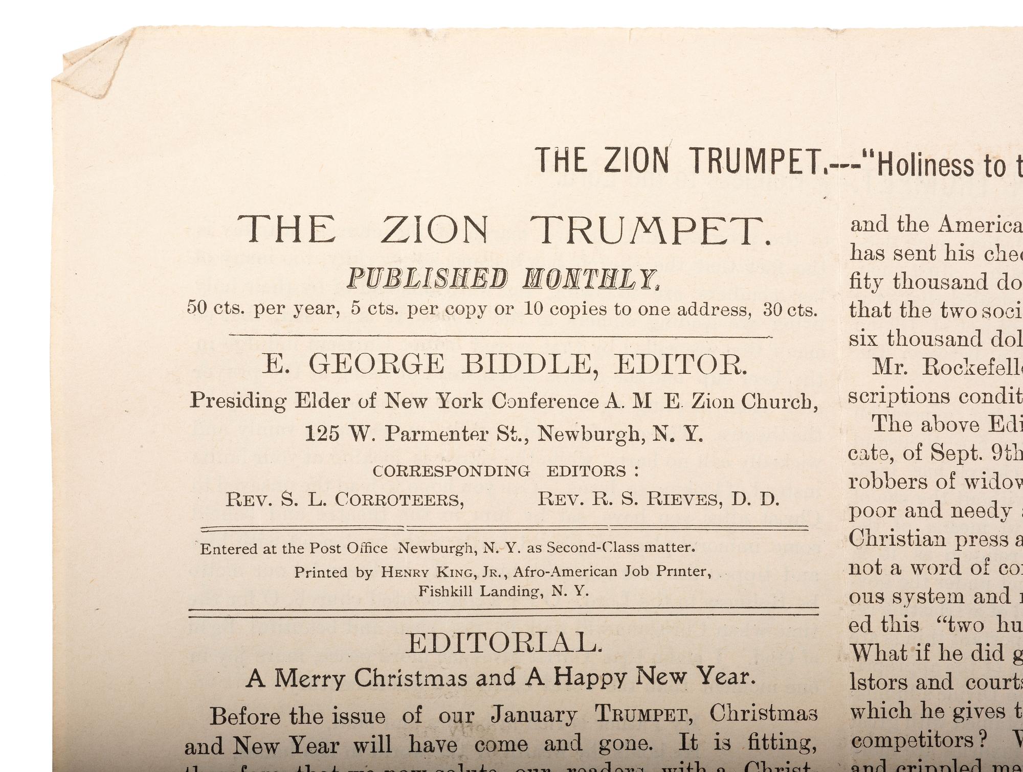 [CIVIL WAR]. Two issues of The Zion Trumpet , published by the Rev. Eli George Biddle (1846-1940), veteran of the 54th Massachusetts Infantry regiment.