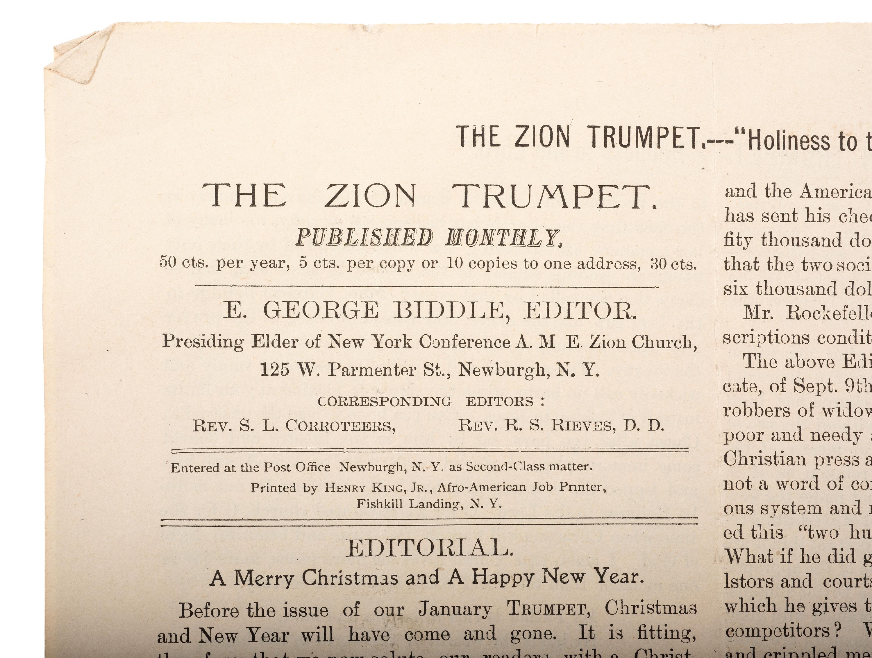 [CIVIL WAR]. Two issues of The Zion Trumpet , published by the Rev. Eli George Biddle (1846-1940), veteran of the 54th Massachusetts Infantry regiment.