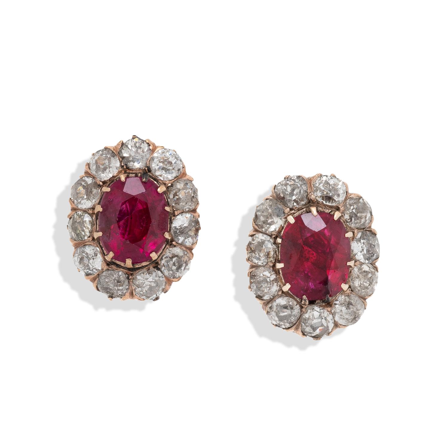 ANTIQUE, SYNTHETIC RUBY, DIAMOND, AND YELLOW GOLD EARRINGS