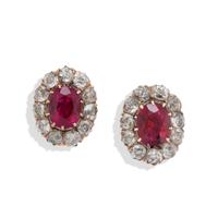 ANTIQUE, SYNTHETIC RUBY, DIAMOND, AND YELLOW GOLD EARRINGS