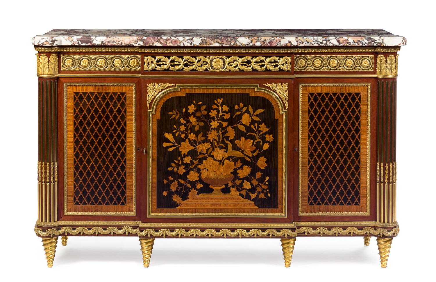 A Louis XVI Style Gilt Bronze Mounted Marquetry Console Height 45 x width 69 x depth 20 1/2 inches. — PARIS, CIRCA 1900