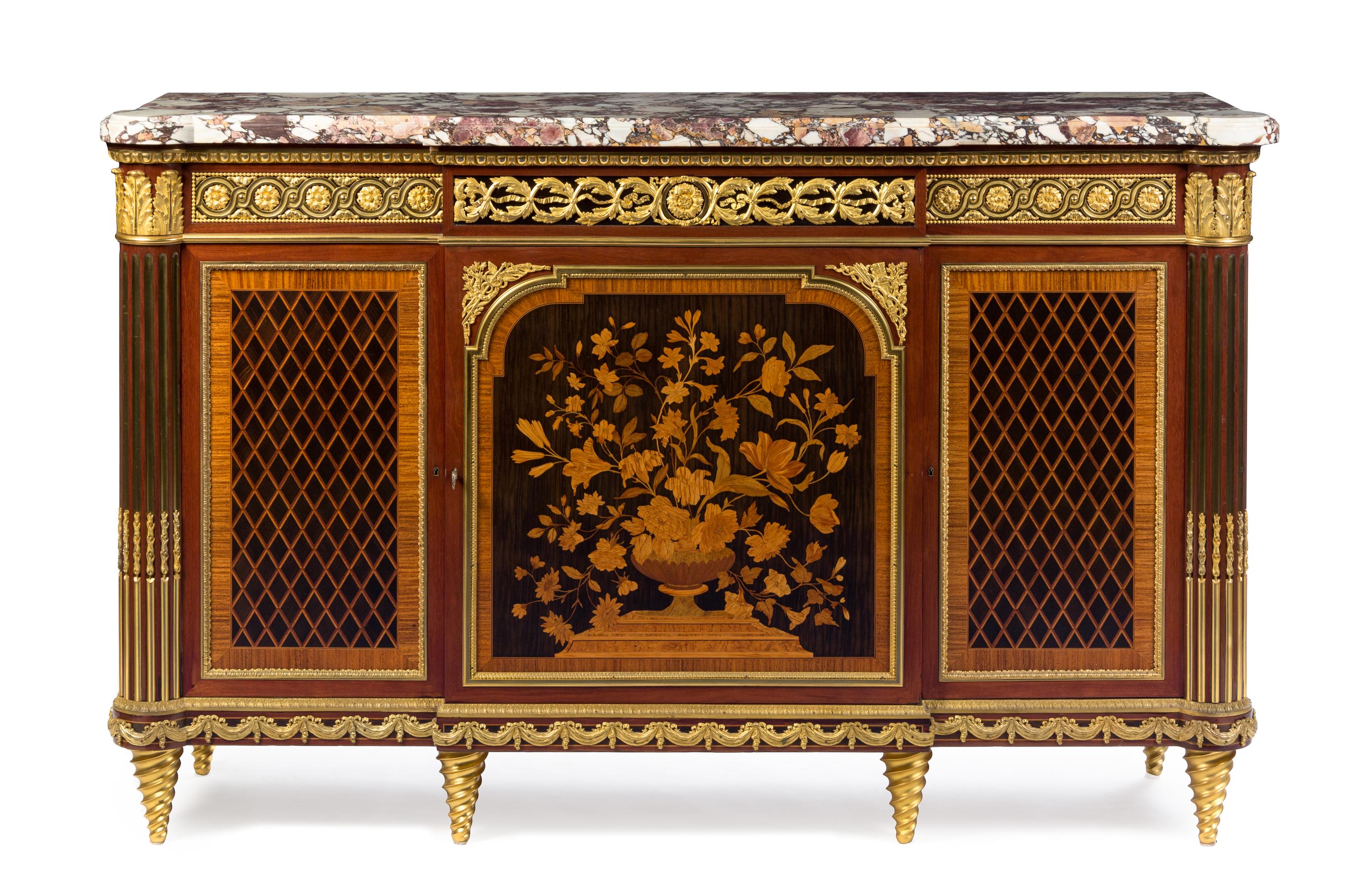 A Louis XVI Style Gilt Bronze Mounted Marquetry Console Height 45 x width 69 x depth 20 1/2 inches. — PARIS, CIRCA 1900