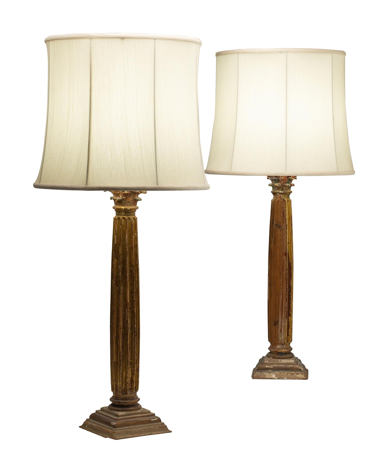 A Pair of Italian Carved and Parcel-Gilt Columnar Lamps