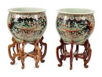 A Pair of Chinese Export Porcelain Fish Bowls with Wood Stands