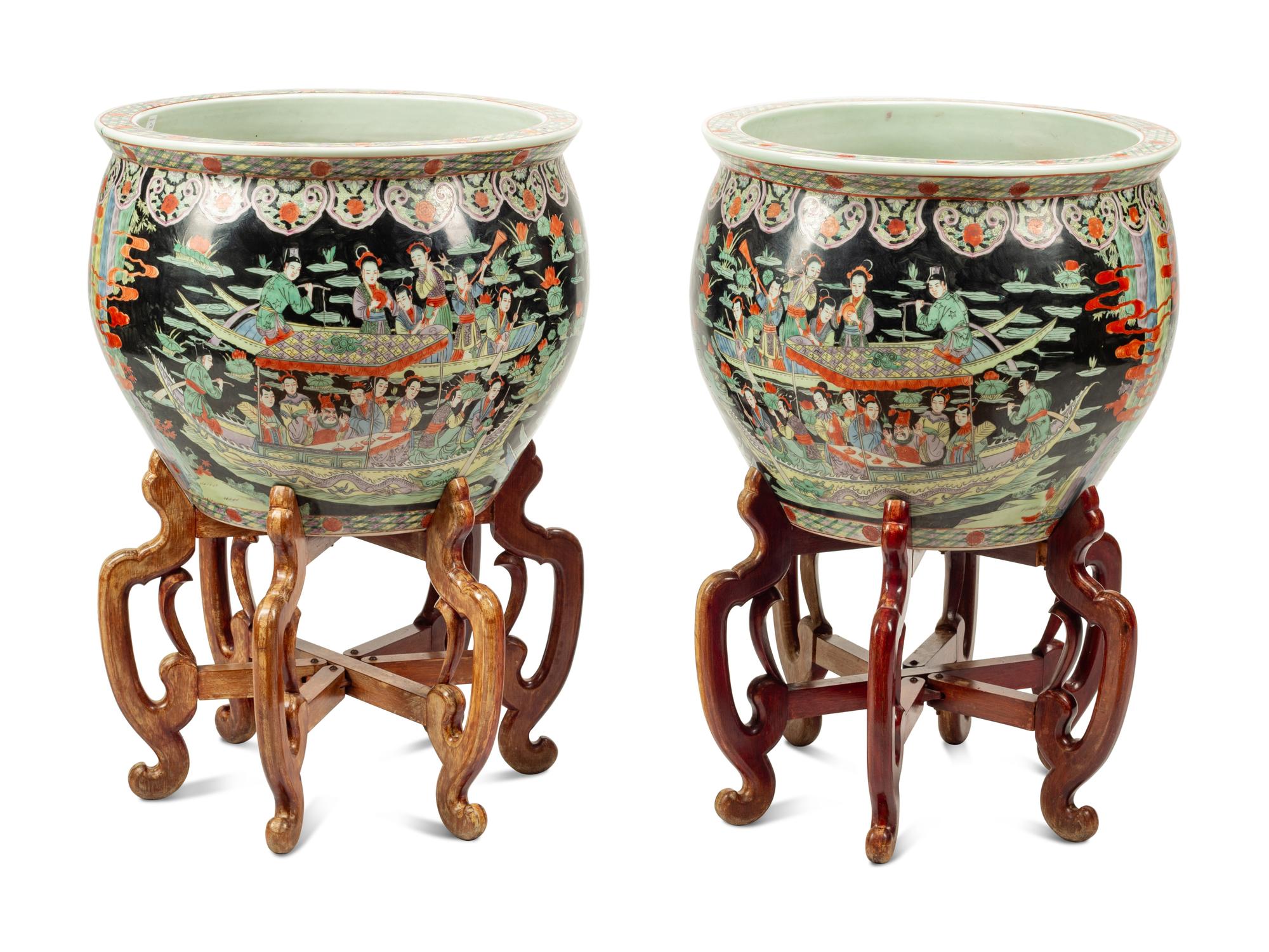A Pair of Chinese Export Porcelain Fish Bowls with Wood Stands