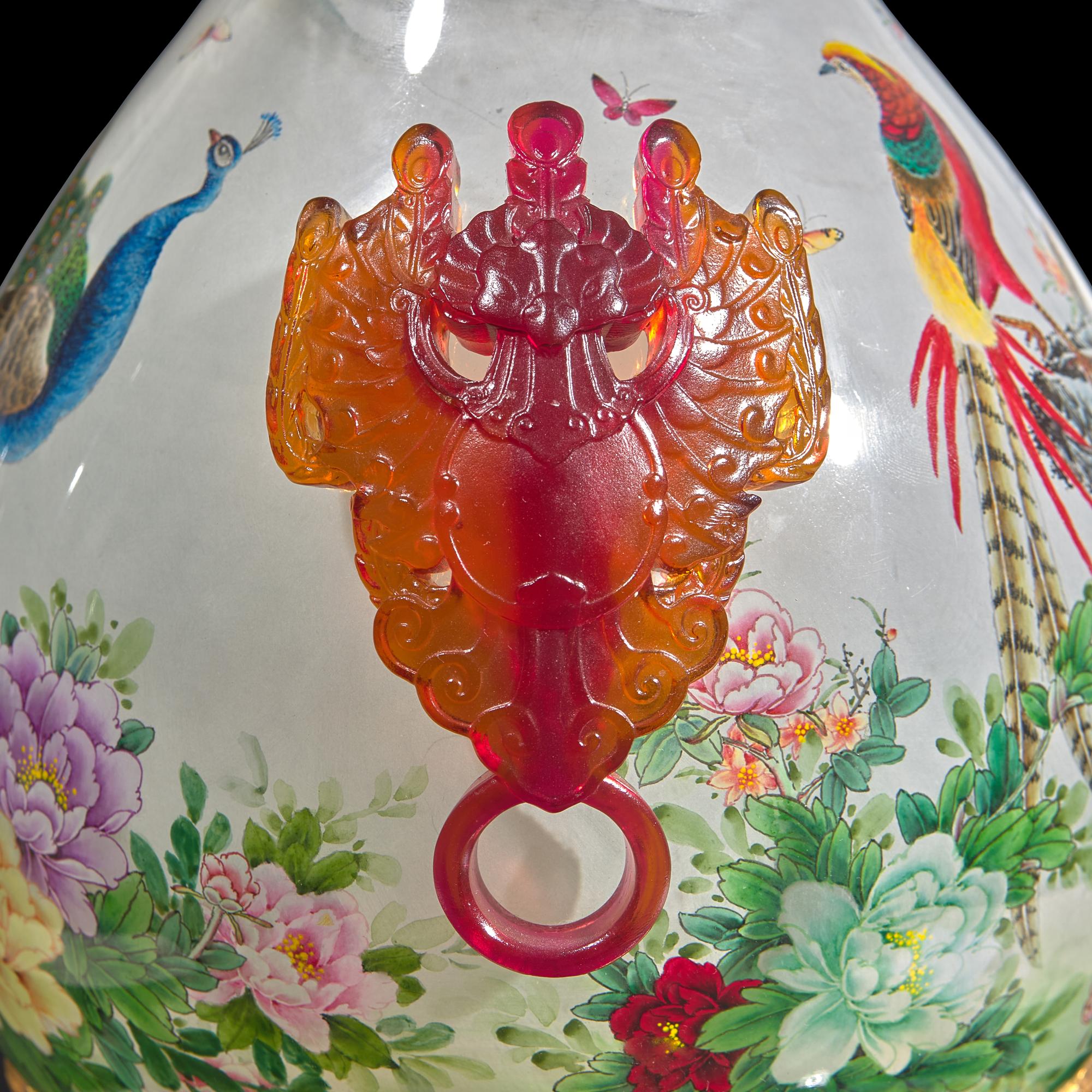 A Massive Chinese Interior-Painted Glass and Cloisonné Enamel Gourd-Form "Snuff Bottle" Ornament by Wang Xisan (b. 1938) and Zhang Tonglu (b. 1942)