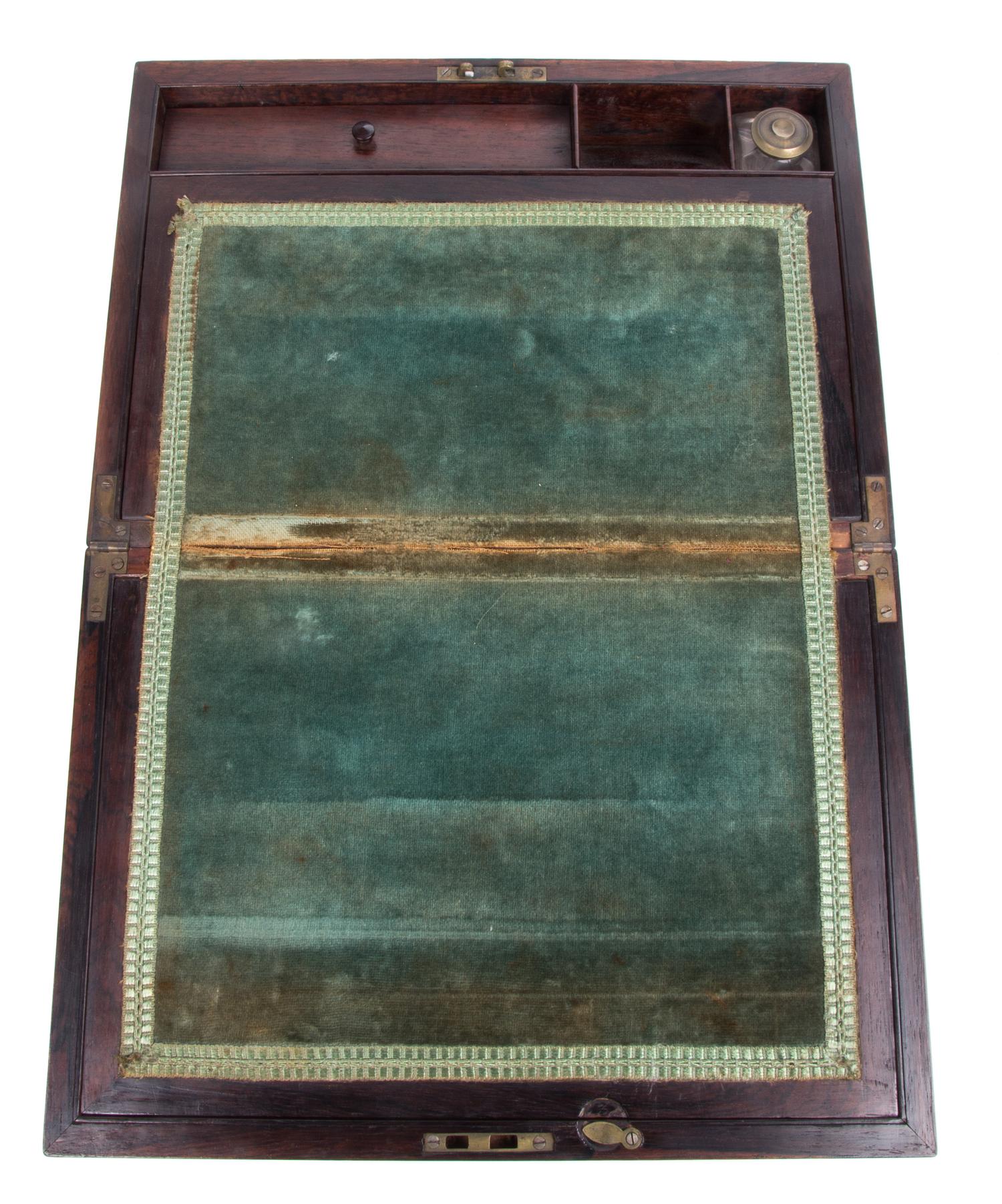 An English Mahogany Writing Box Height 4 1/2 x width 14 x depth 9 3/4 inches.