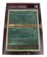 An English Mahogany Writing Box Height 4 1/2 x width 14 x depth 9 3/4 inches.