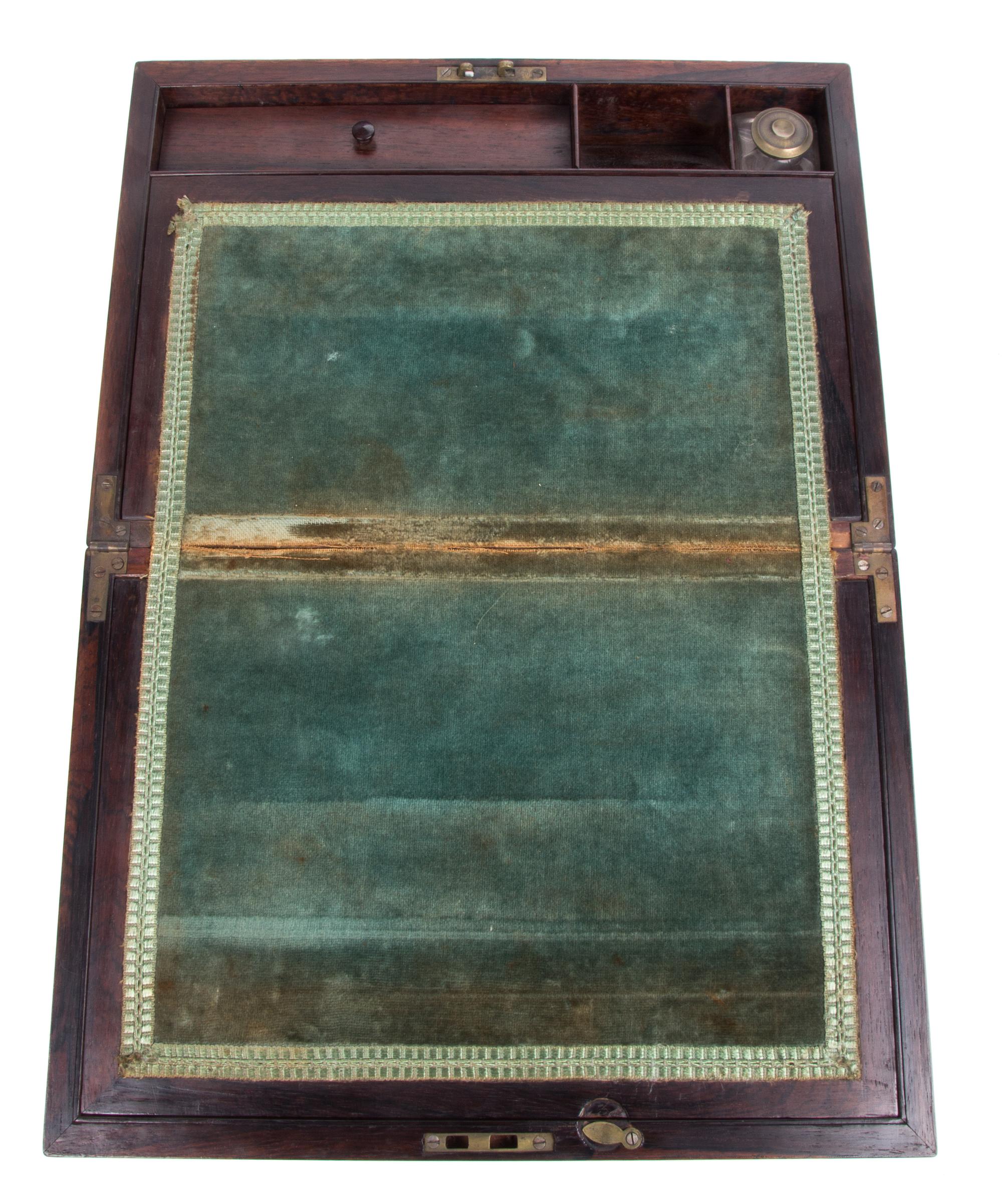An English Mahogany Writing Box Height 4 1/2 x width 14 x depth 9 3/4 inches.