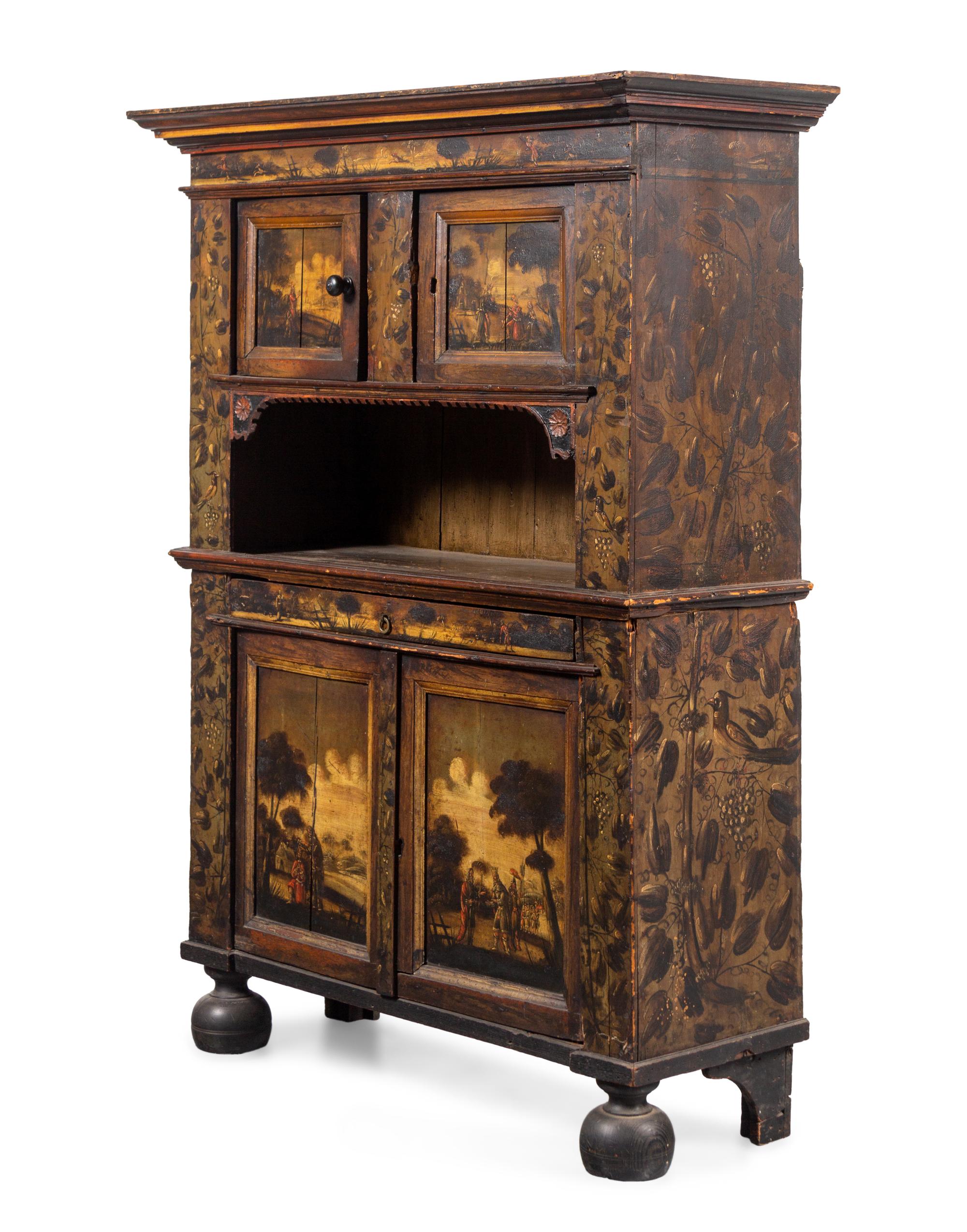 A Dutch Painted Pine and Oak Cupboard