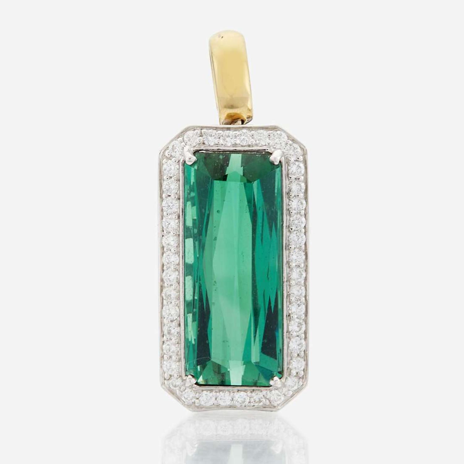 A green tourmaline, diamond, and bicolor gold pendant