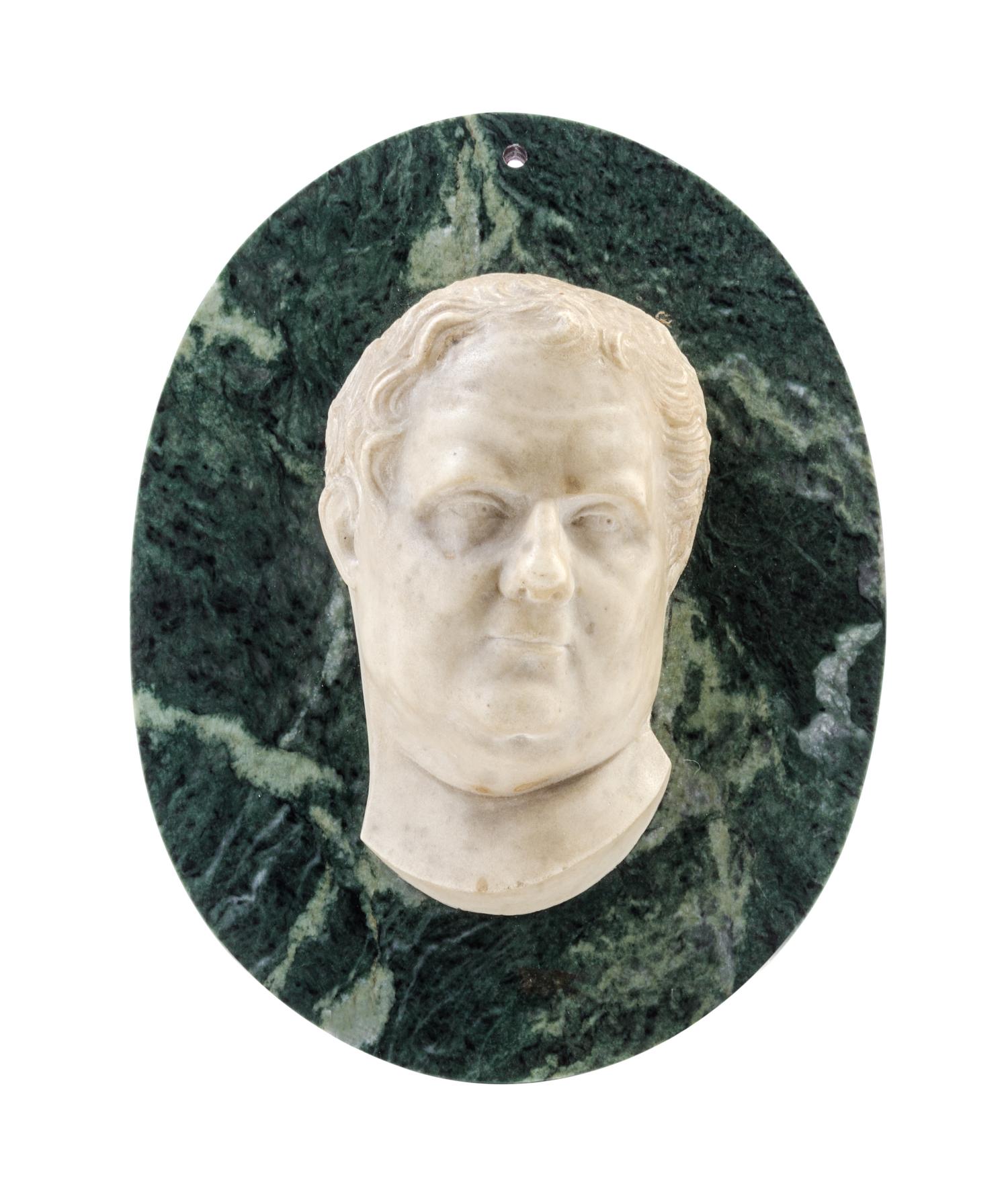 A Continental White Marble Portrait Medallion Height overall 11 inches. — 19TH CENTURY