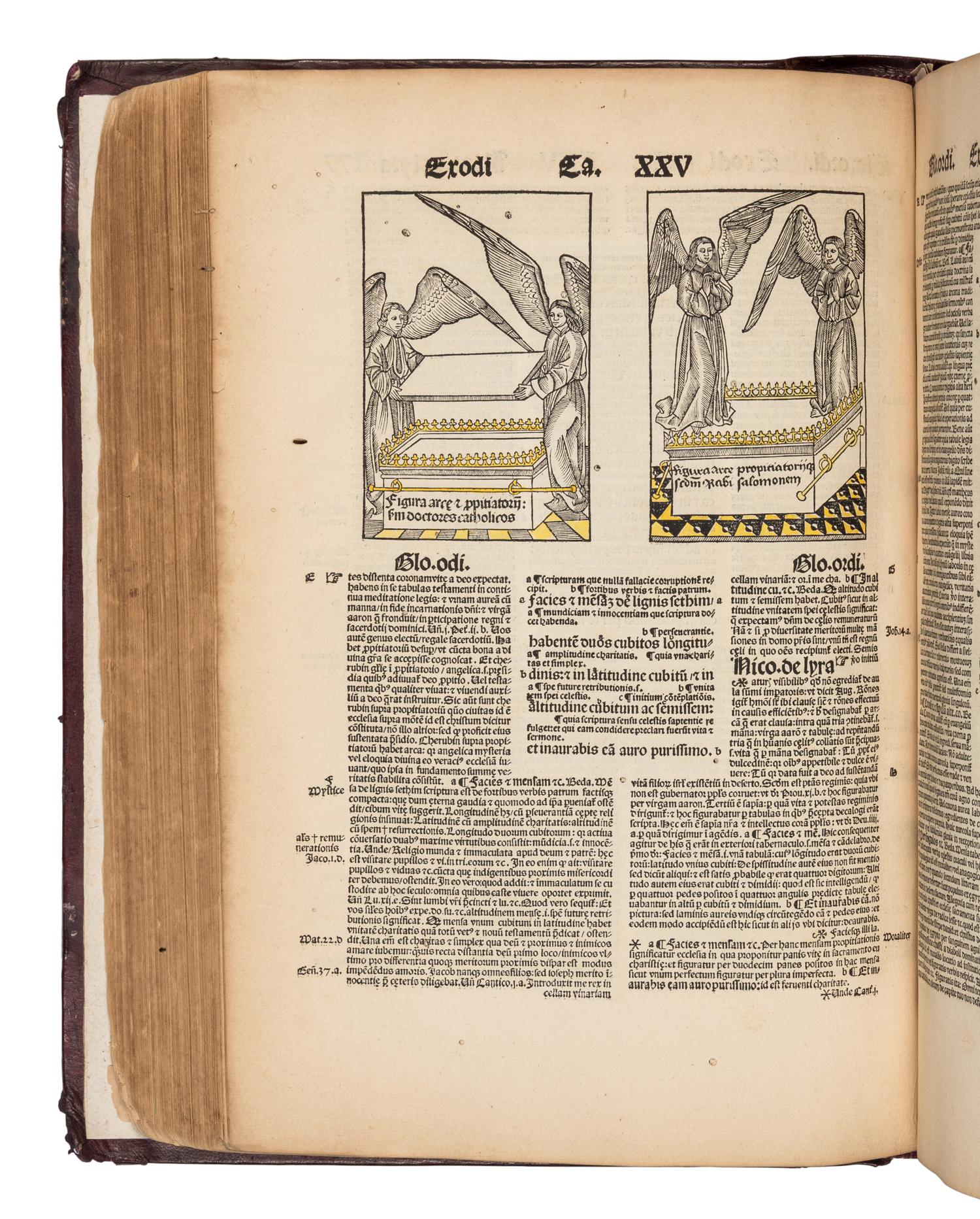 [BIBLE, in Latin]. Textus Biblie cum Glosa ordinaria, Nicolai de Lyra postilla, Moralitatibus eiusdem, Pauli Burgensis Additionibus, Matthie Thoring Replicis, edente P. Conrado Leontorio Mulbronnen . Basel: Jo. Froben and Adam Petri, 1506.