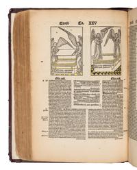 [BIBLE, in Latin]. Textus Biblie cum Glosa ordinaria, Nicolai de Lyra postilla, Moralitatibus eiusdem, Pauli Burgensis Additionibus, Matthie Thoring Replicis, edente P. Conrado Leontorio Mulbronnen . Basel: Jo. Froben and Adam Petri, 1506.