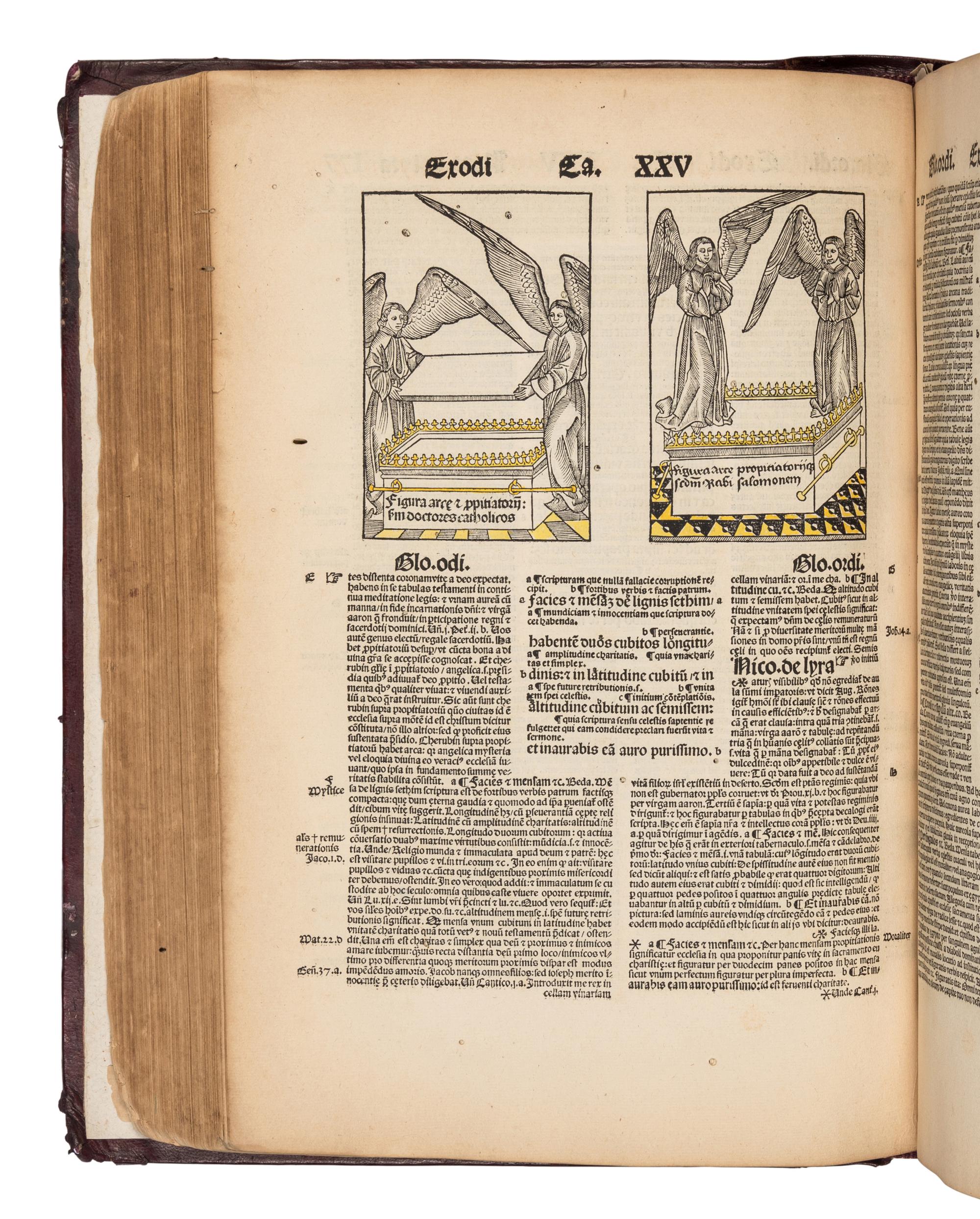 [BIBLE, in Latin]. Textus Biblie cum Glosa ordinaria, Nicolai de Lyra postilla, Moralitatibus eiusdem, Pauli Burgensis Additionibus, Matthie Thoring Replicis, edente P. Conrado Leontorio Mulbronnen . Basel: Jo. Froben and Adam Petri, 1506.