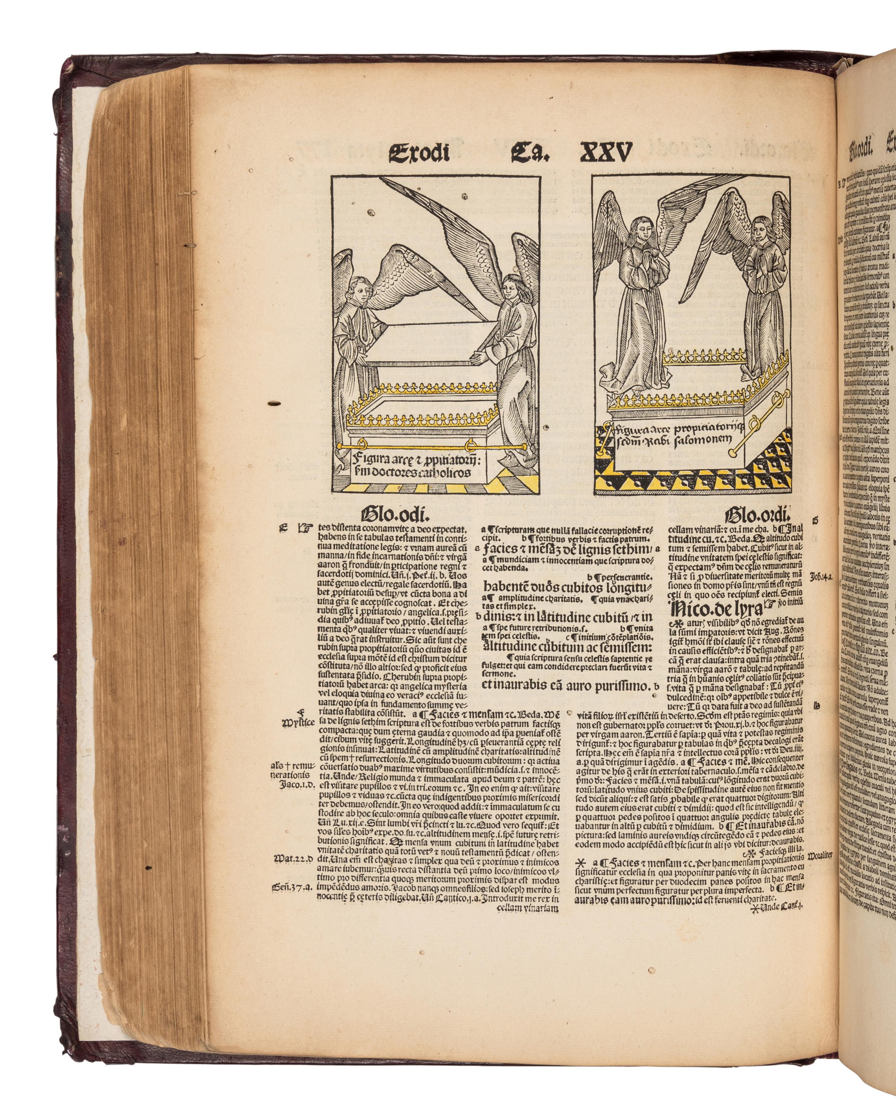 [BIBLE, in Latin]. Textus Biblie cum Glosa ordinaria, Nicolai de Lyra postilla, Moralitatibus eiusdem, Pauli Burgensis Additionibus, Matthie Thoring Replicis, edente P. Conrado Leontorio Mulbronnen . Basel: Jo. Froben and Adam Petri, 1506.