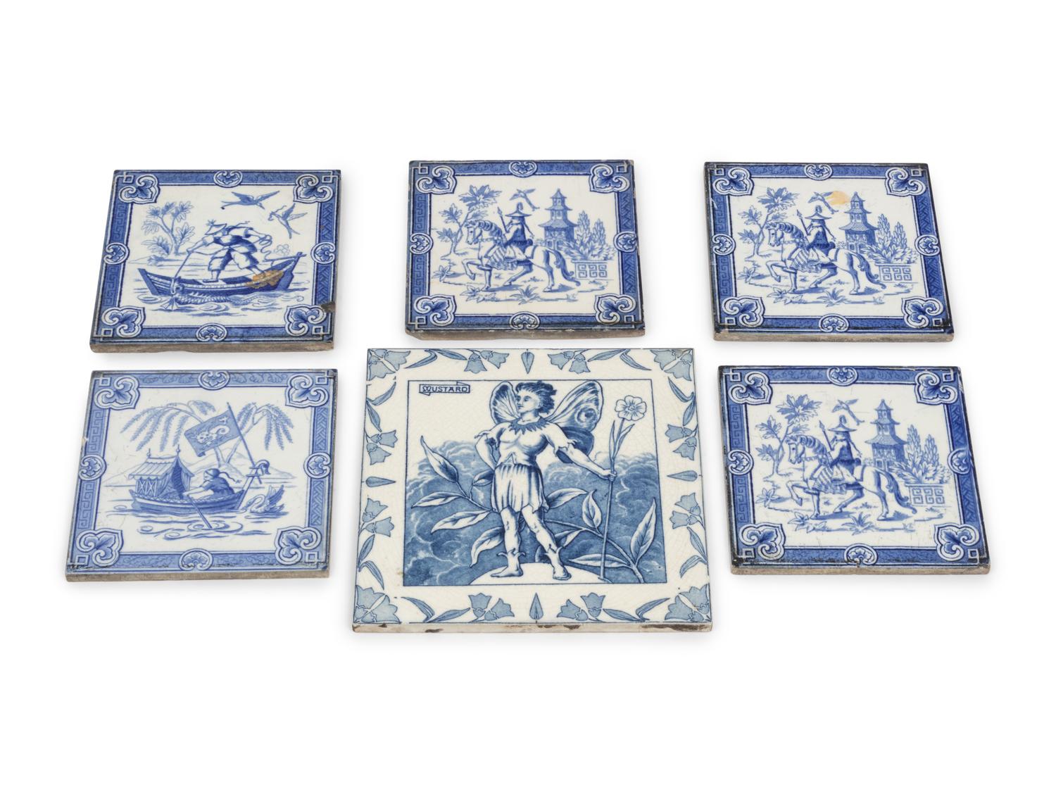 A Set of Five Minton Blue-and-White Decorated Ceramic Tiles