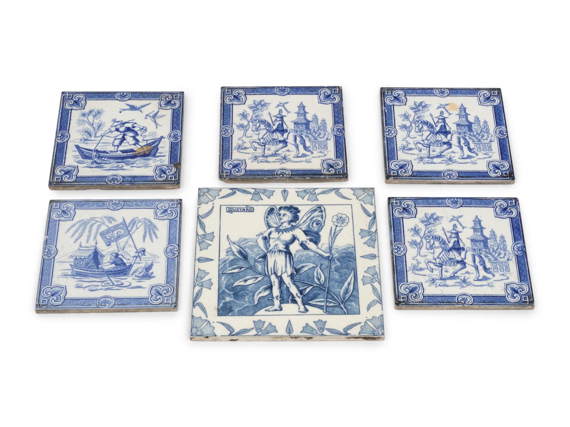 A Set of Five Minton Blue-and-White Decorated Ceramic Tiles