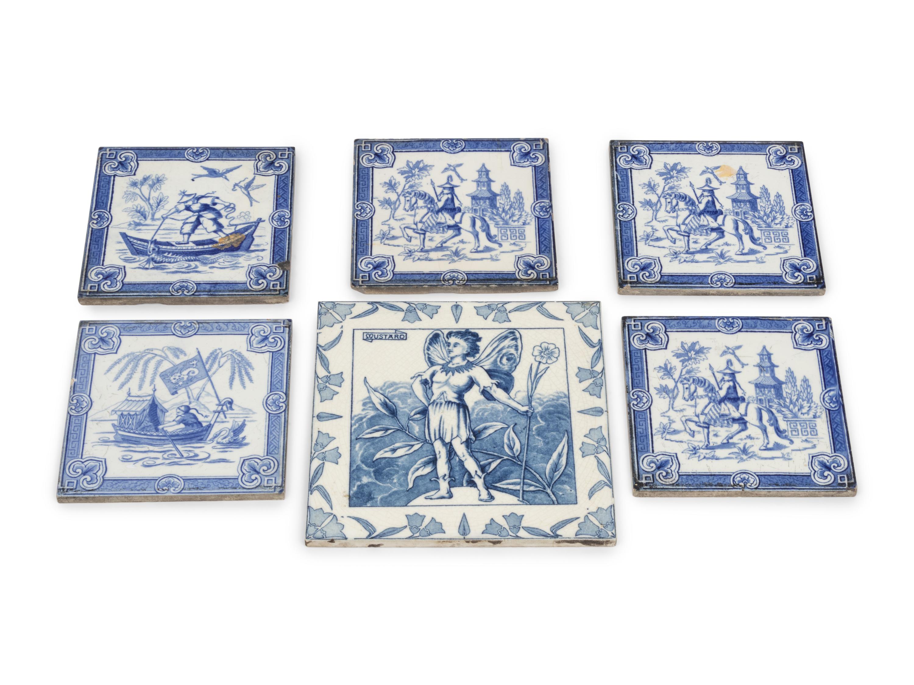 A Set of Five Minton Blue-and-White Decorated Ceramic Tiles