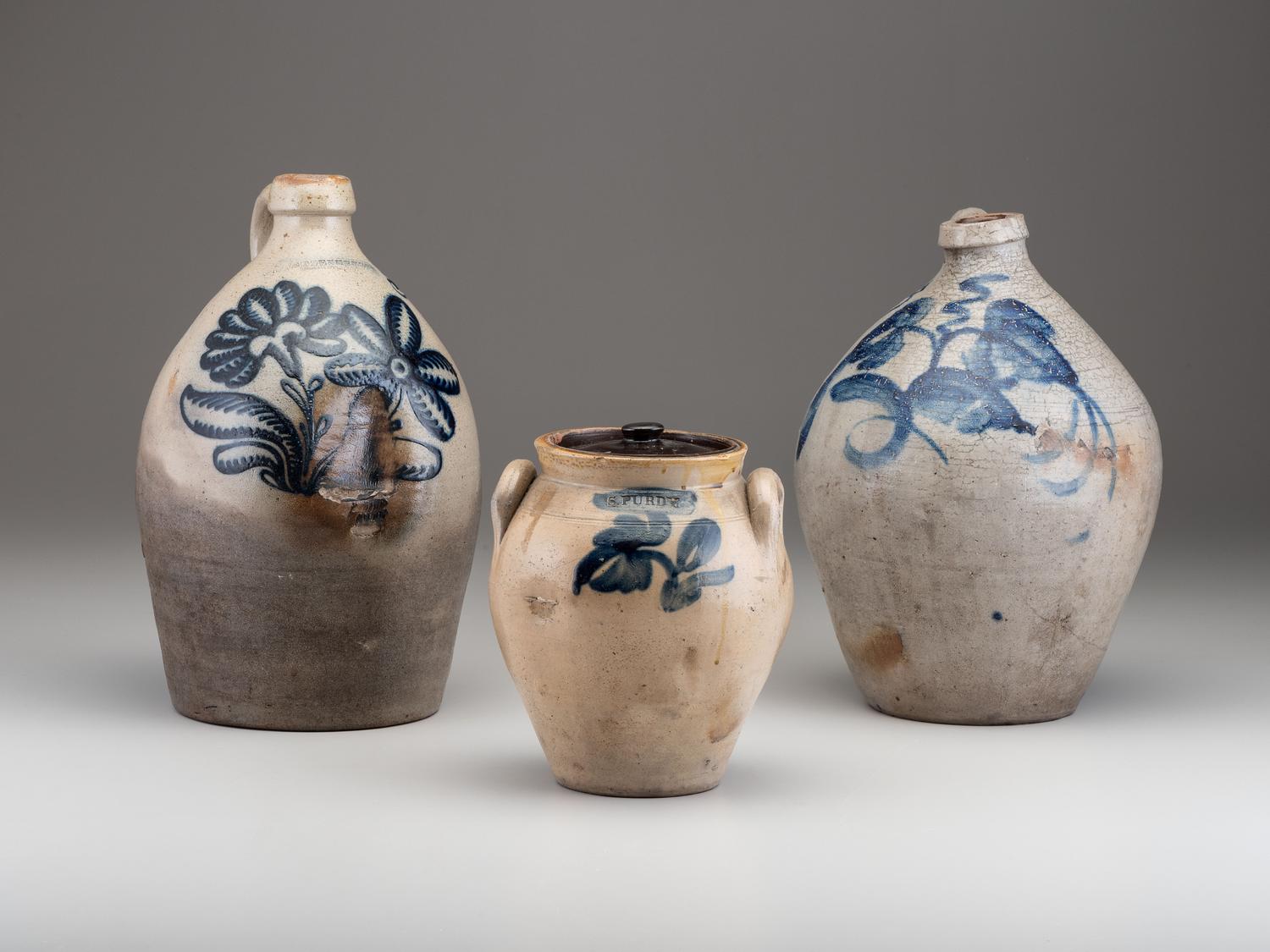 Three Cobalt Decorated Stoneware Vessels