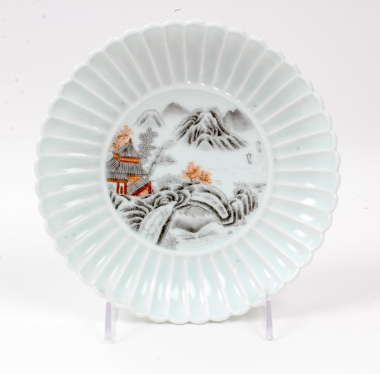 A Chinese Grisaille and Iron Red Decorated Porcelain Plate Diameter 7 inches. — 20TH CENTURY