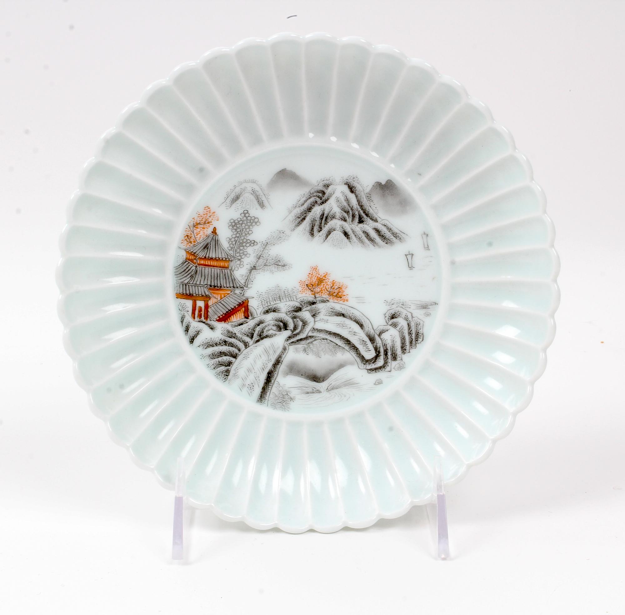 A Chinese Grisaille and Iron Red Decorated Porcelain Plate Diameter 7 inches. — 20TH CENTURY