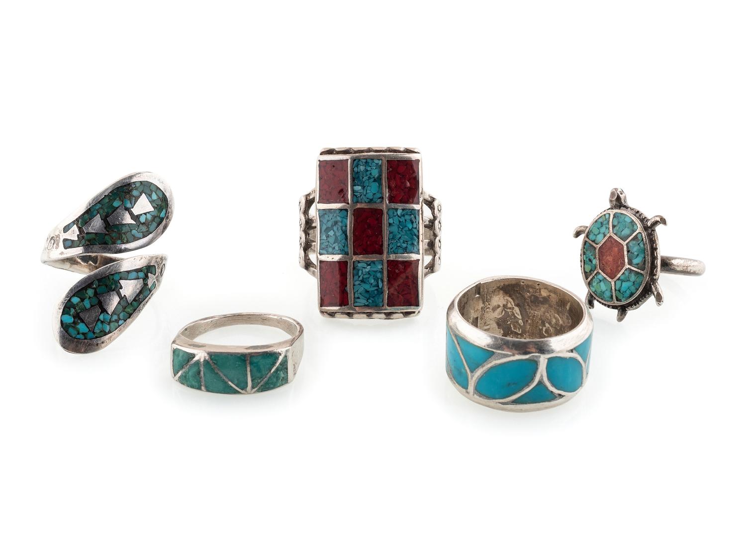 Navajo and Zuni Silver Rings, with Channel or Chip Inlay
