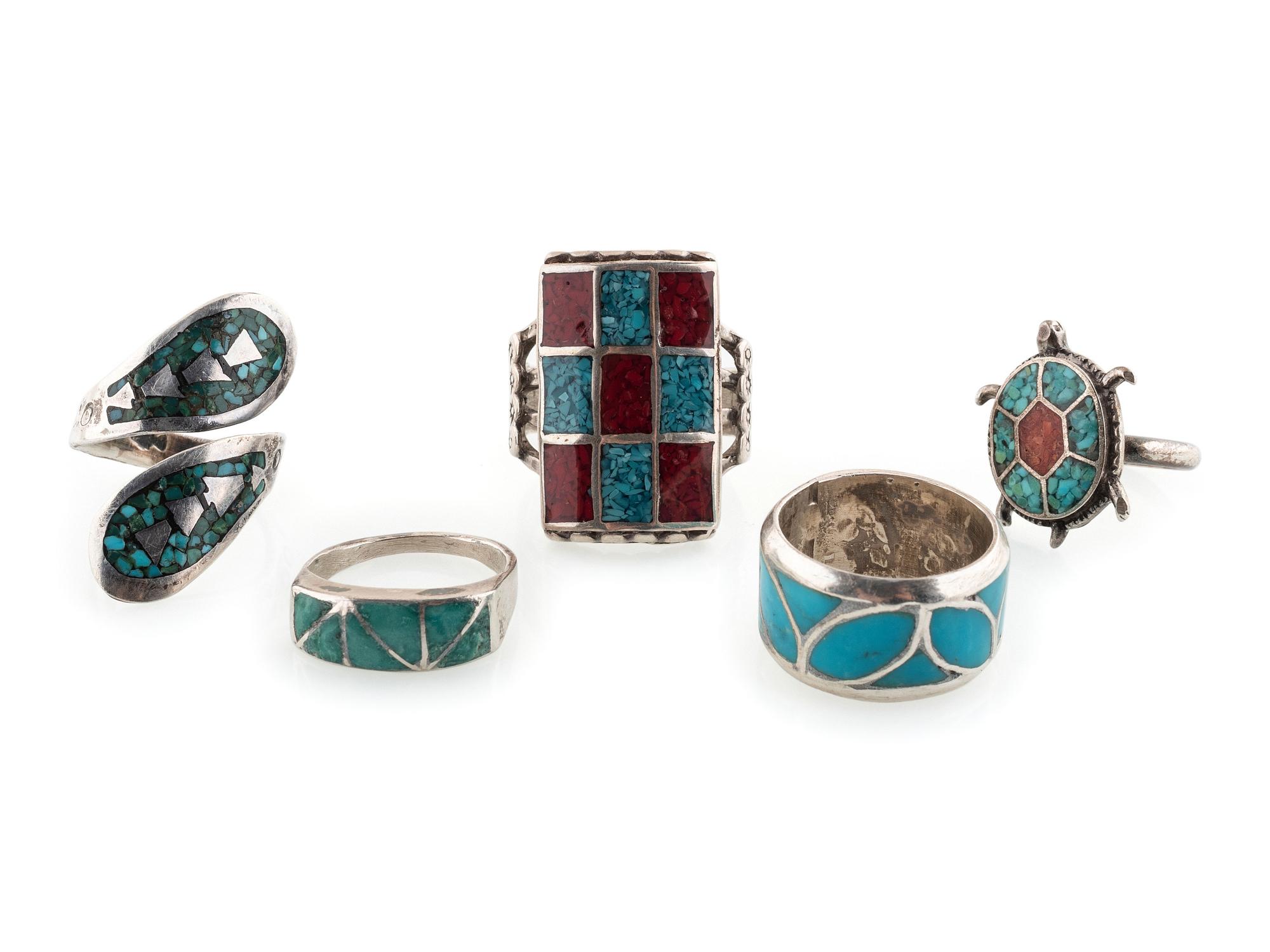 Navajo and Zuni Silver Rings, with Channel or Chip Inlay