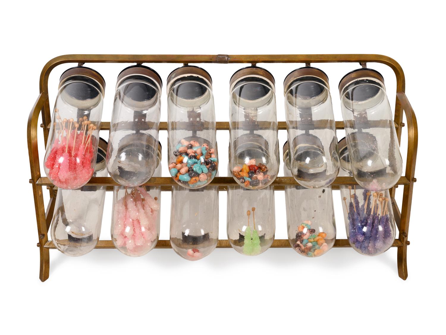 A Countertop Apothecary Brass and Glass Display