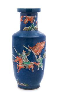 A Chinese Powder Blue and Famille Verte Porcelain Rouleau Vase 19TH CENTURY OR EARLIER Height 14 3/4 inches. — 19TH CENTURY OR EARLIER