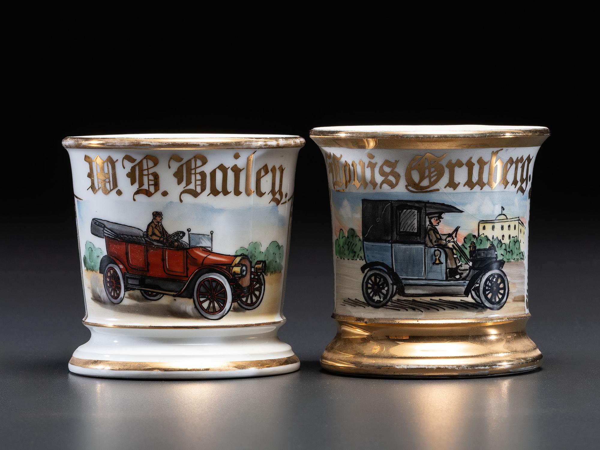 Two Porcelain Shaving Mugs with Automobiles
