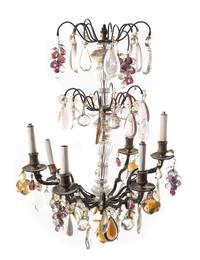 A Continental Brass and Glass Six-Light Chandelier Height 26 inches.