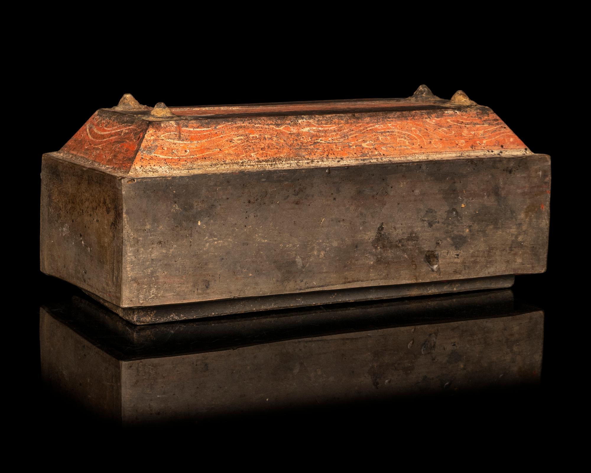 A Chinese Red Painted Grey Pottery Treasure Box
