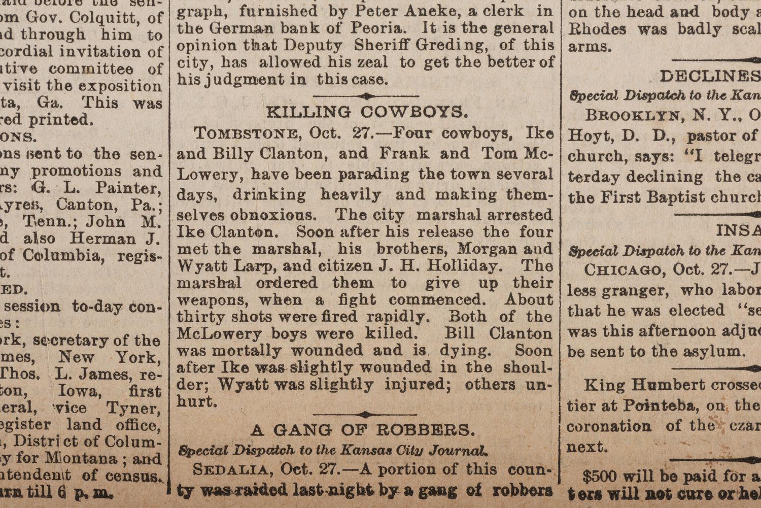 [OUTLAWS & LAWMEN]. Kansas City Daily Journal . Vol. XXIV, No. 118. Kansas City: 28 October 1881. Front page coverage of the Gunfight at the OK Corral.