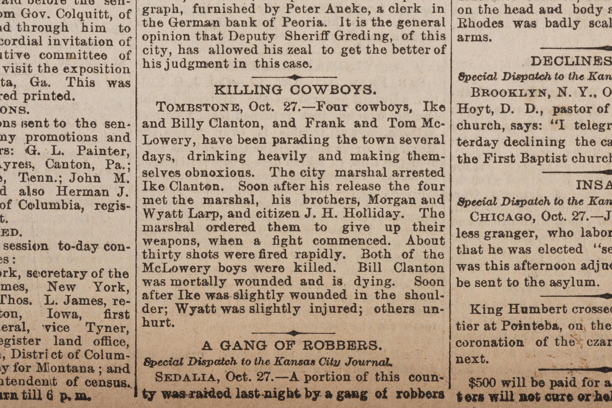 [OUTLAWS & LAWMEN]. Kansas City Daily Journal . Vol. XXIV, No. 118. Kansas City: 28 October 1881. Front page coverage of the Gunfight at the OK Corral.