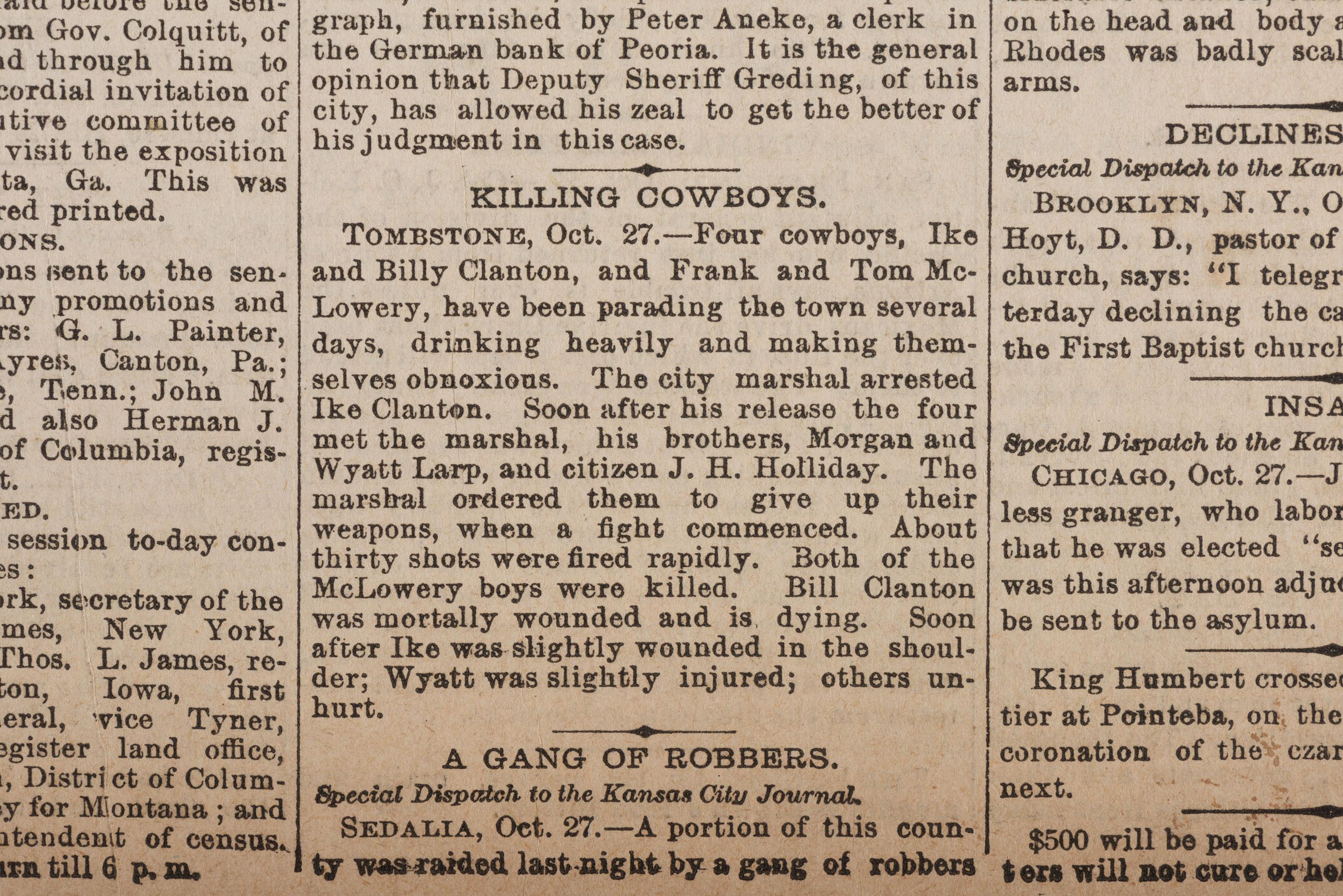 [OUTLAWS & LAWMEN]. Kansas City Daily Journal . Vol. XXIV, No. 118. Kansas City: 28 October 1881. Front page coverage of the Gunfight at the OK Corral.