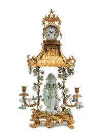A Large Rococo Style Gilt Bronze and Porcelain Mantel Clock