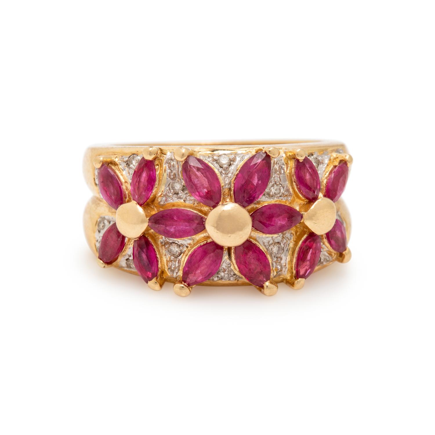Yellow Gold, Ruby, and Diamond Flower Ring