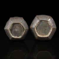 A pair of Chinese patinated bronze hexagonal bottle vases 铜加漆六边方瓶一对 Yuan dynasty ?