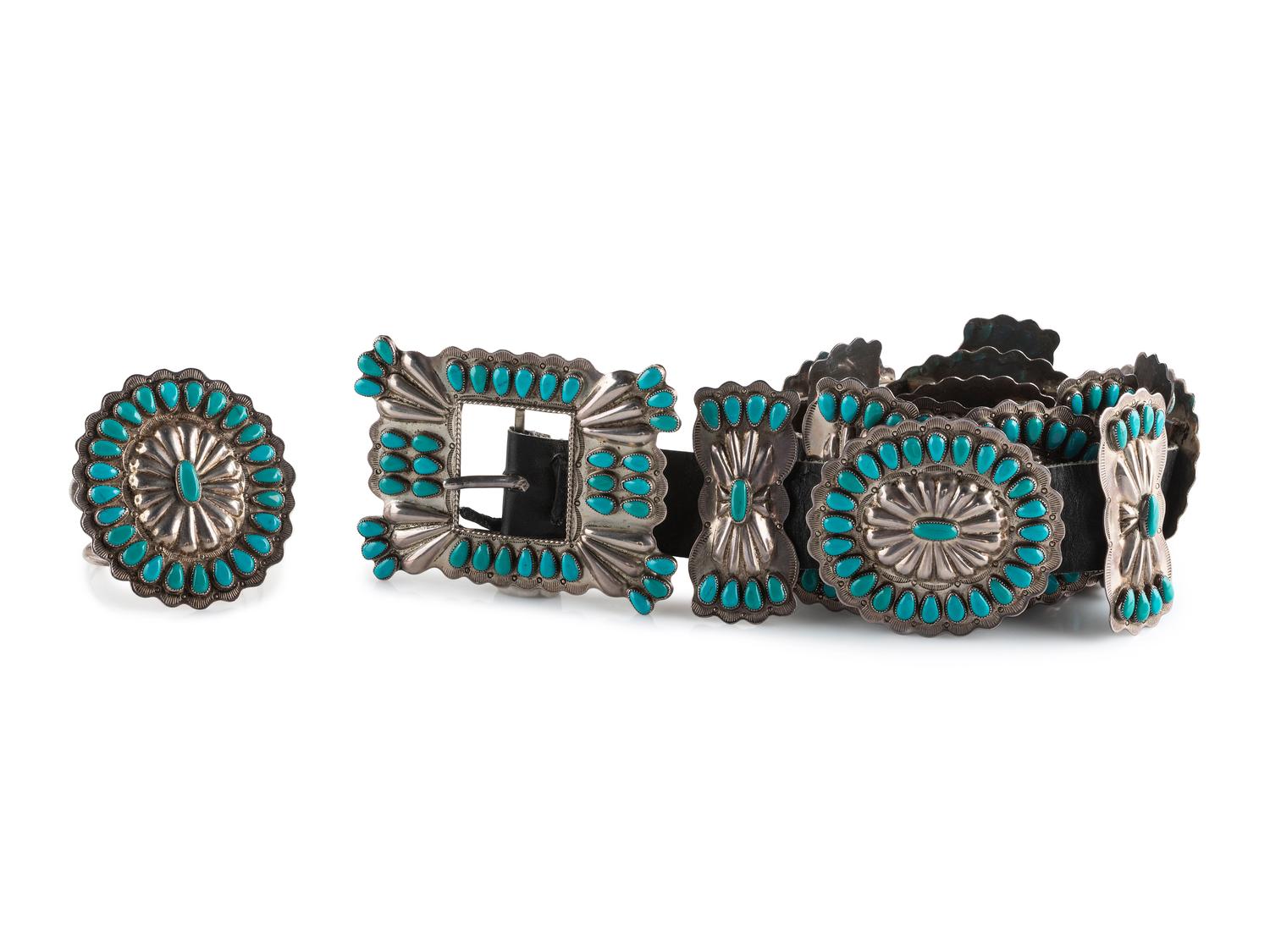 Navajo Silver and Turquoise Cluster Concha Belt AND Cuff Bracelet