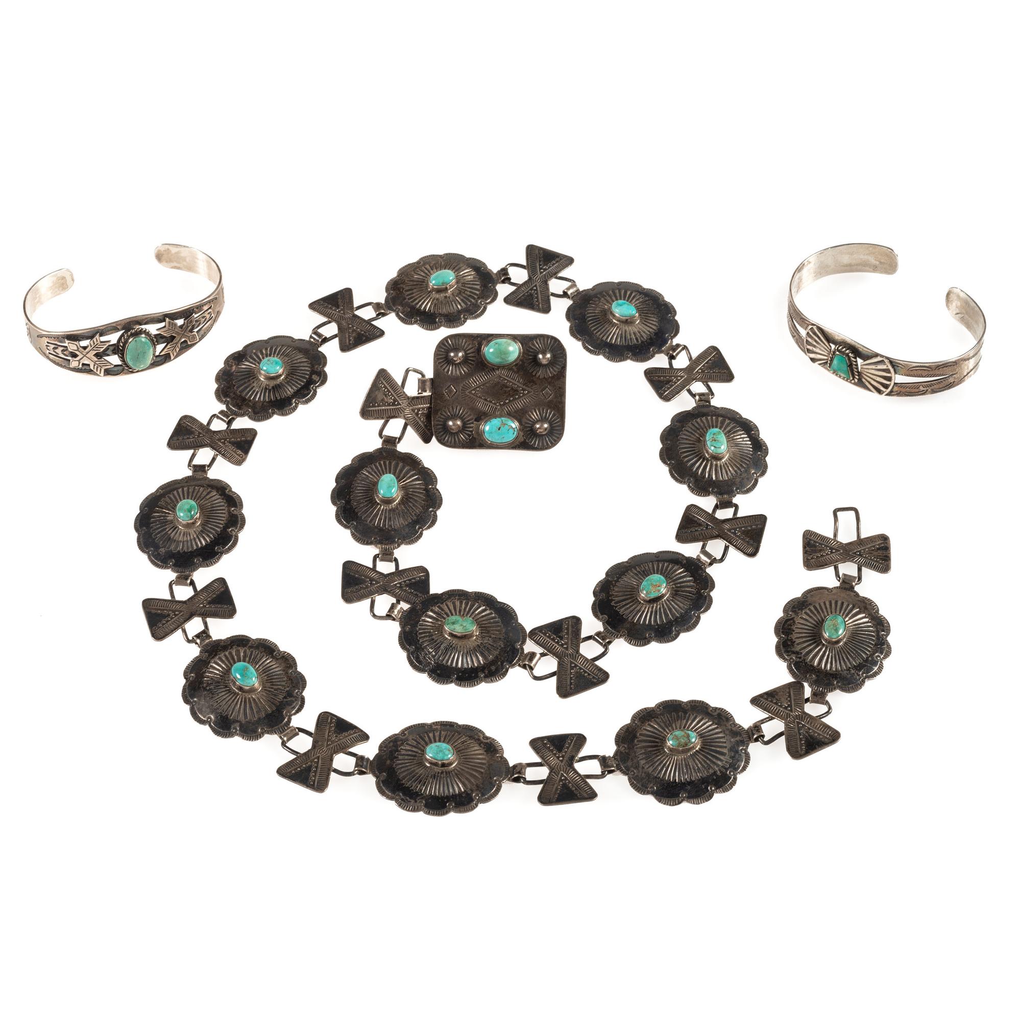 Navajo Fred Harvey Era Silver and Turquoise Cuff Bracelets and Link Concha Belt