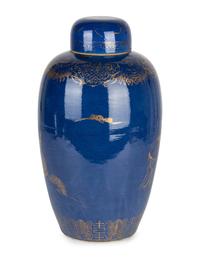 A Well-Painted Gilt-Decorated Powder Blue 'Zhong Kui' Covered Jar