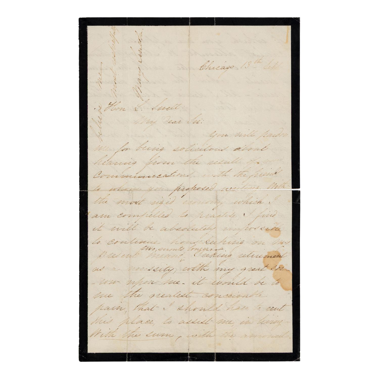LINCOLN, Mary Todd (1818-1882). Autograph letter signed ("M.L.") to Leonard Swett, Chicago, 13 September 1866.