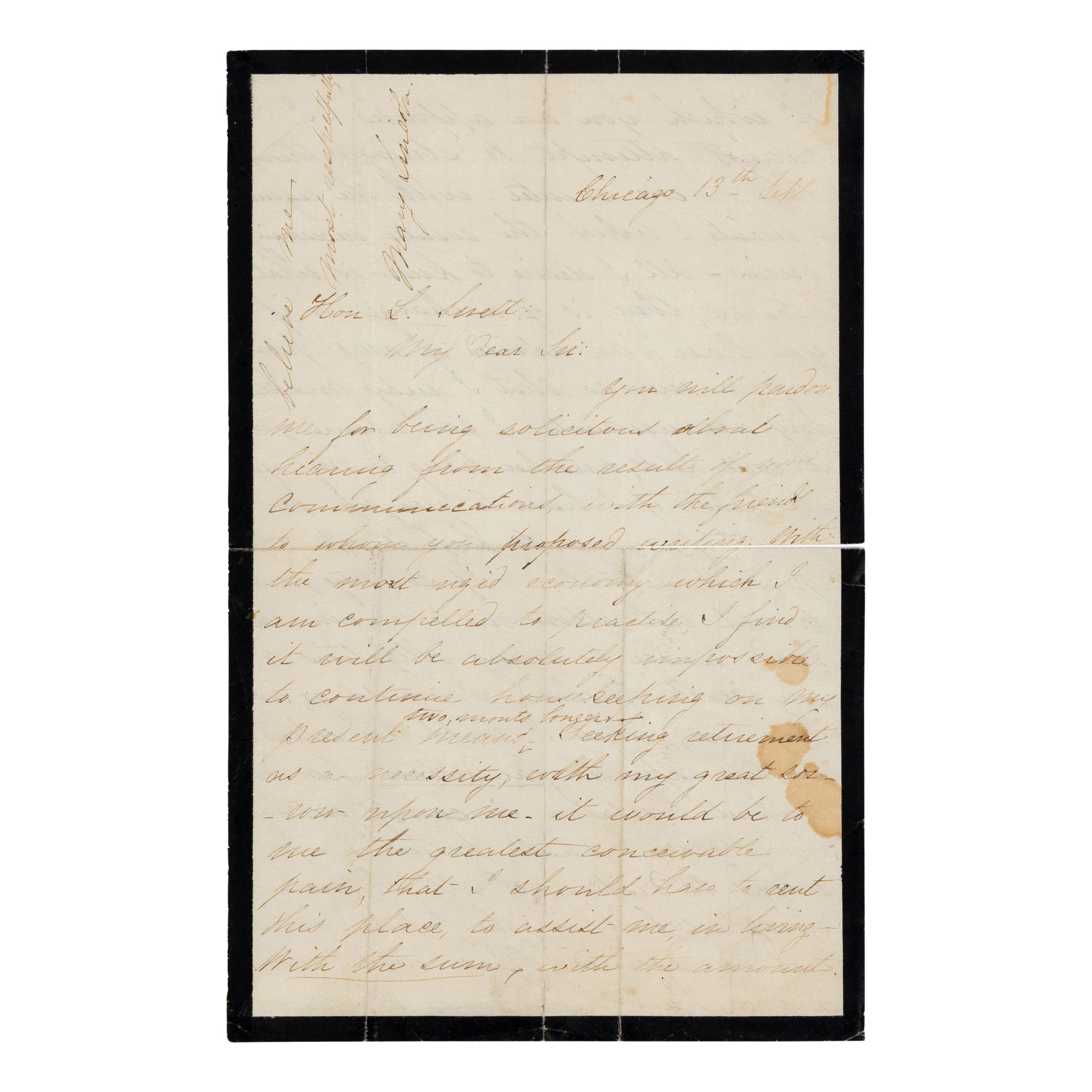 LINCOLN, Mary Todd (1818-1882). Autograph letter signed ("M.L.") to Leonard Swett, Chicago, 13 September 1866.